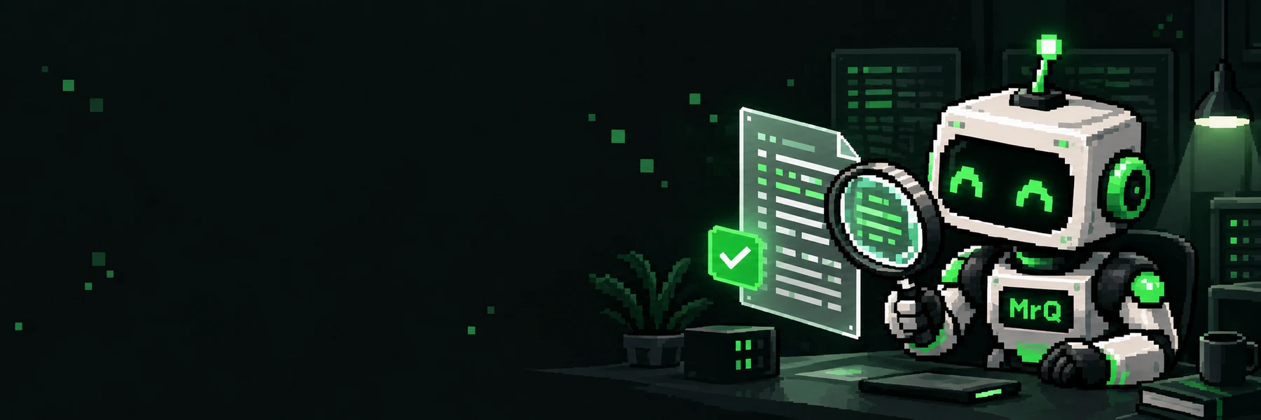 Pixel-art illustration of MrQ, the QMasters robot, reviewing a document with a magnifying glass and a green verification check.