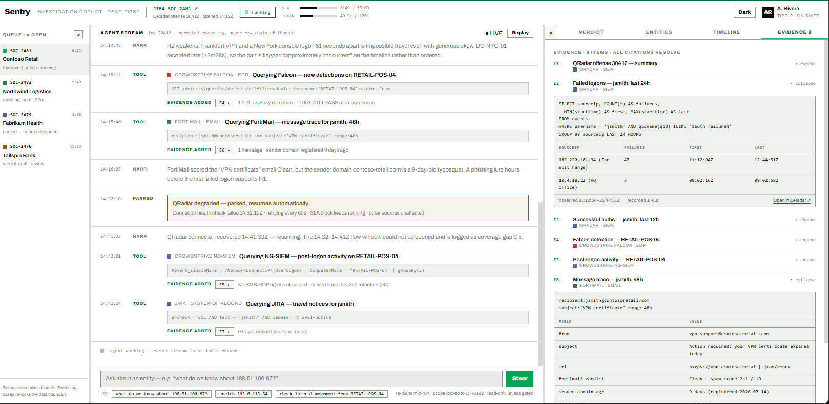 The QMasters SOC operations console showing open incidents, active criticals, SLA breach countdown and analyst load, with all customer names masked