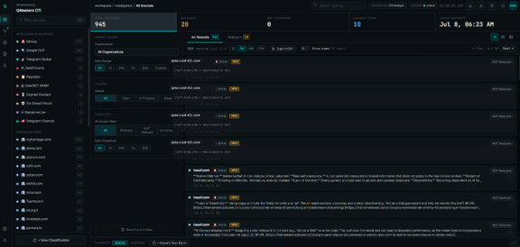 QMasters CTI workspace showing 945 items surfaced across all sources, 28 in progress, 0 escalated and 18 confirmed relevant today