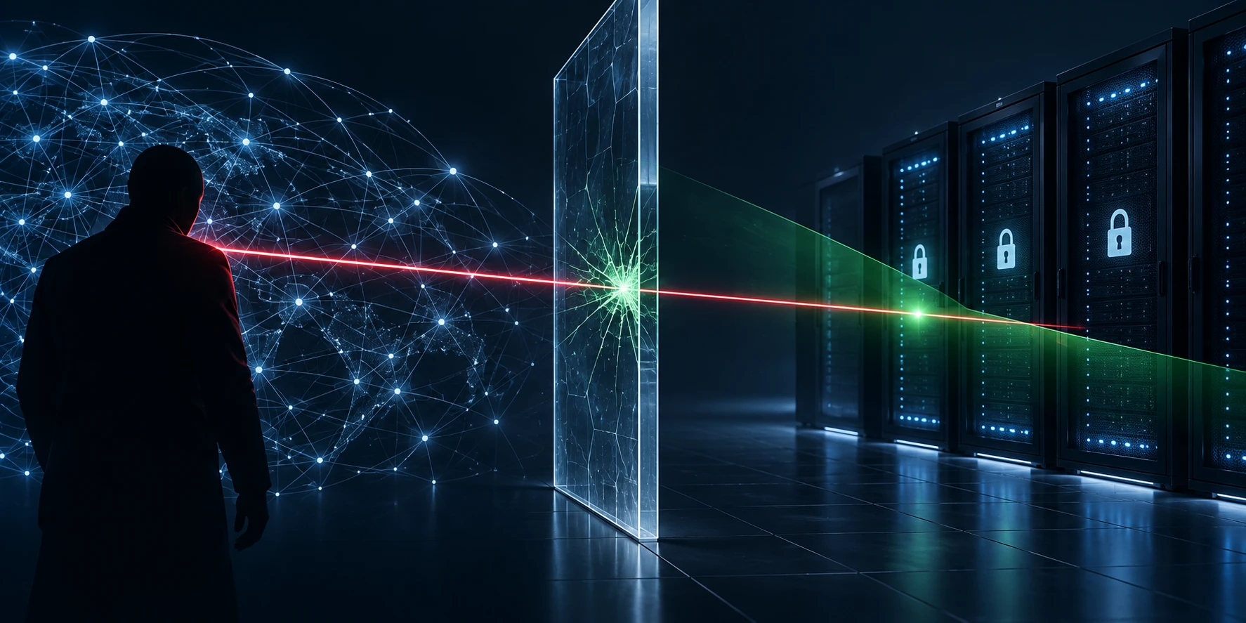 Illustration of an attacker reaching production servers through a gap in a firewall.