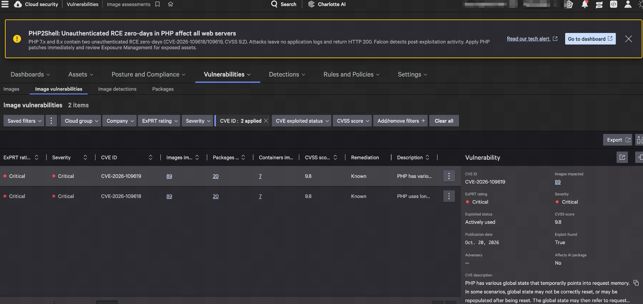 CrowdStrike Cloud Security Image Assessment showing image vulnerability records for both PHP2Shell CVEs