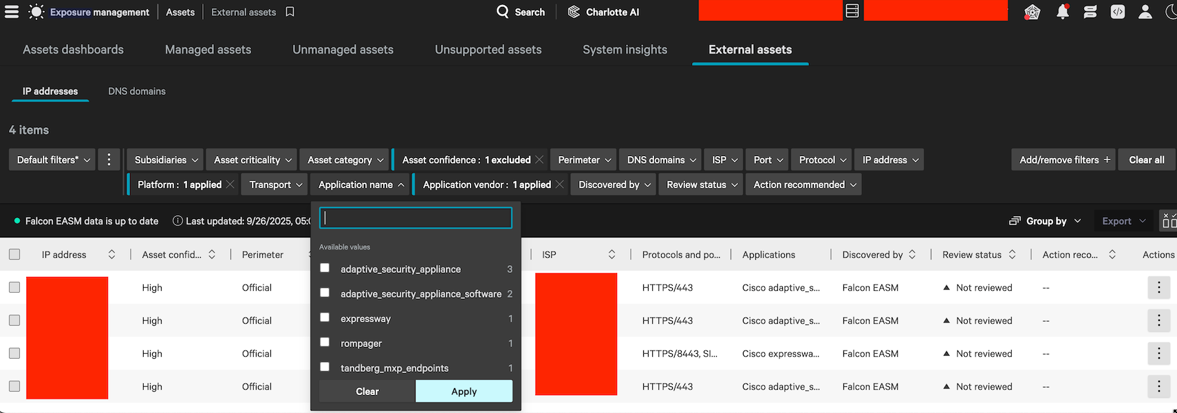 CrowdStrike External assets view showing the Application name filter with source-redacted IP and account fields