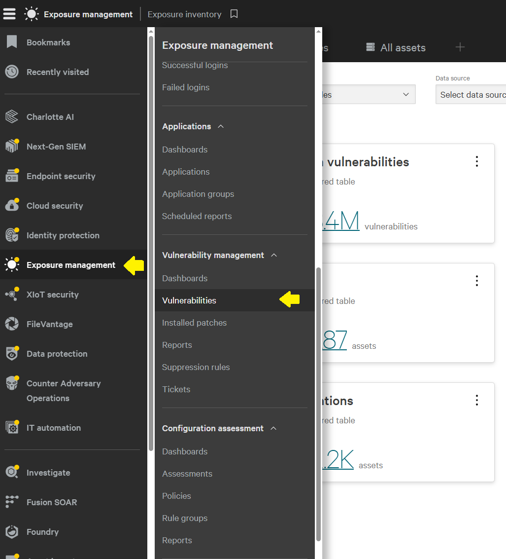 CrowdStrike navigation highlighting Exposure management and Vulnerability management then Vulnerabilities