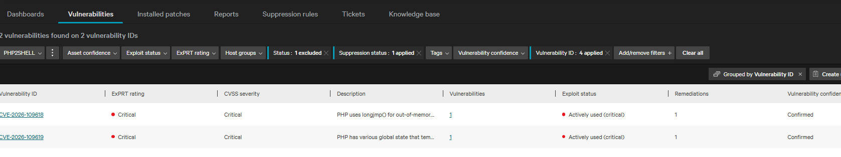 Falcon Vulnerability Management listing CVE-2026-109618 and CVE-2026-109619 with Critical ratings