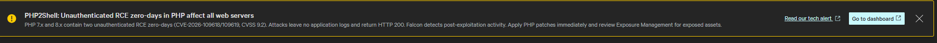 CrowdStrike PHP2Shell alert banner directing customers to the technical alert and response dashboard
