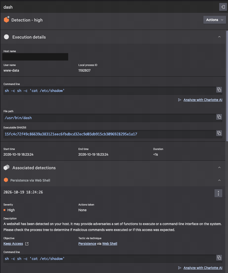 CrowdStrike Linux detection example showing a shell process, web-server user context and a Persistence via Web Shell detection with host identity redacted