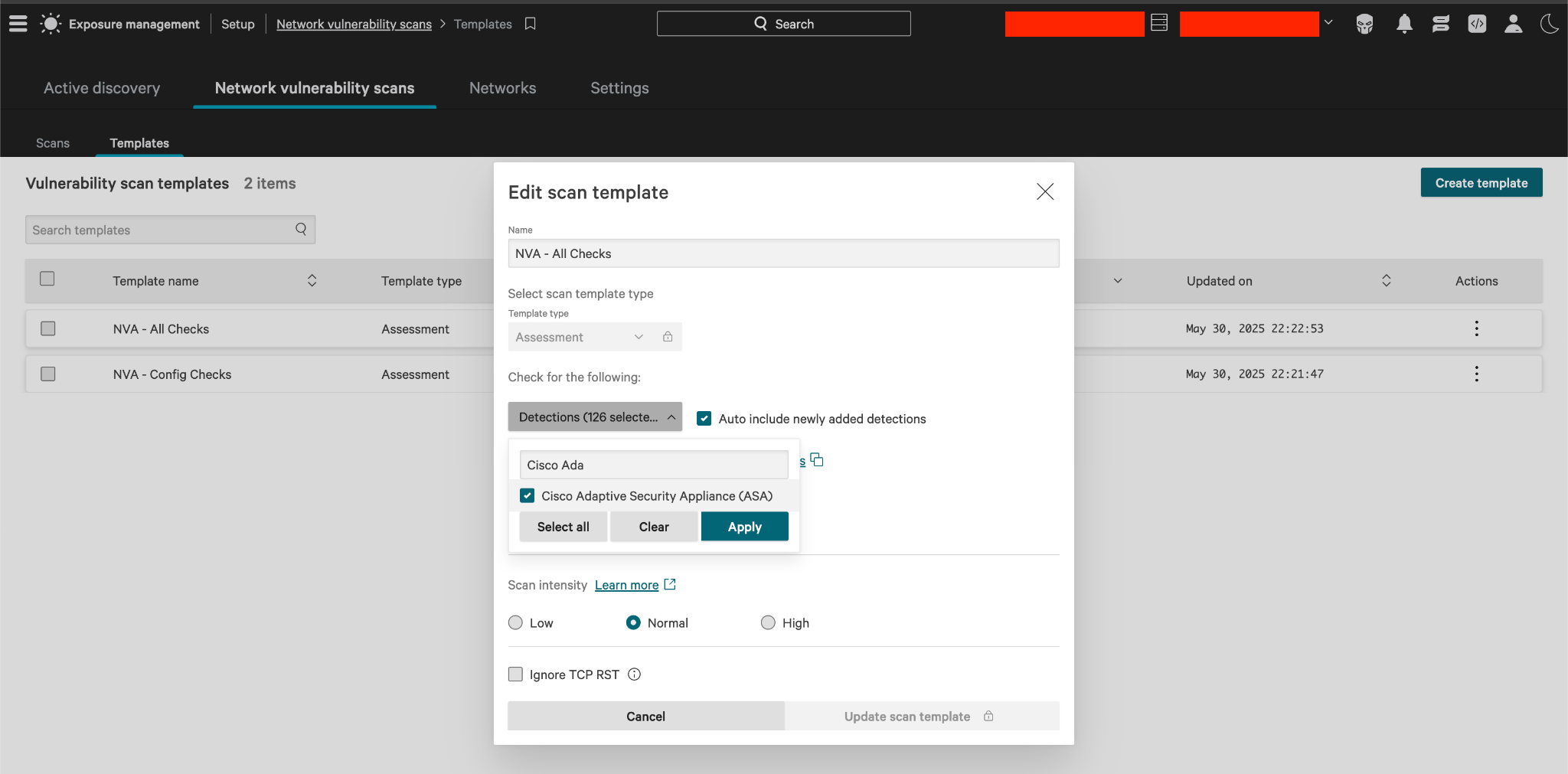 CrowdStrike Network vulnerability scans interface with an Edit scan template dialog