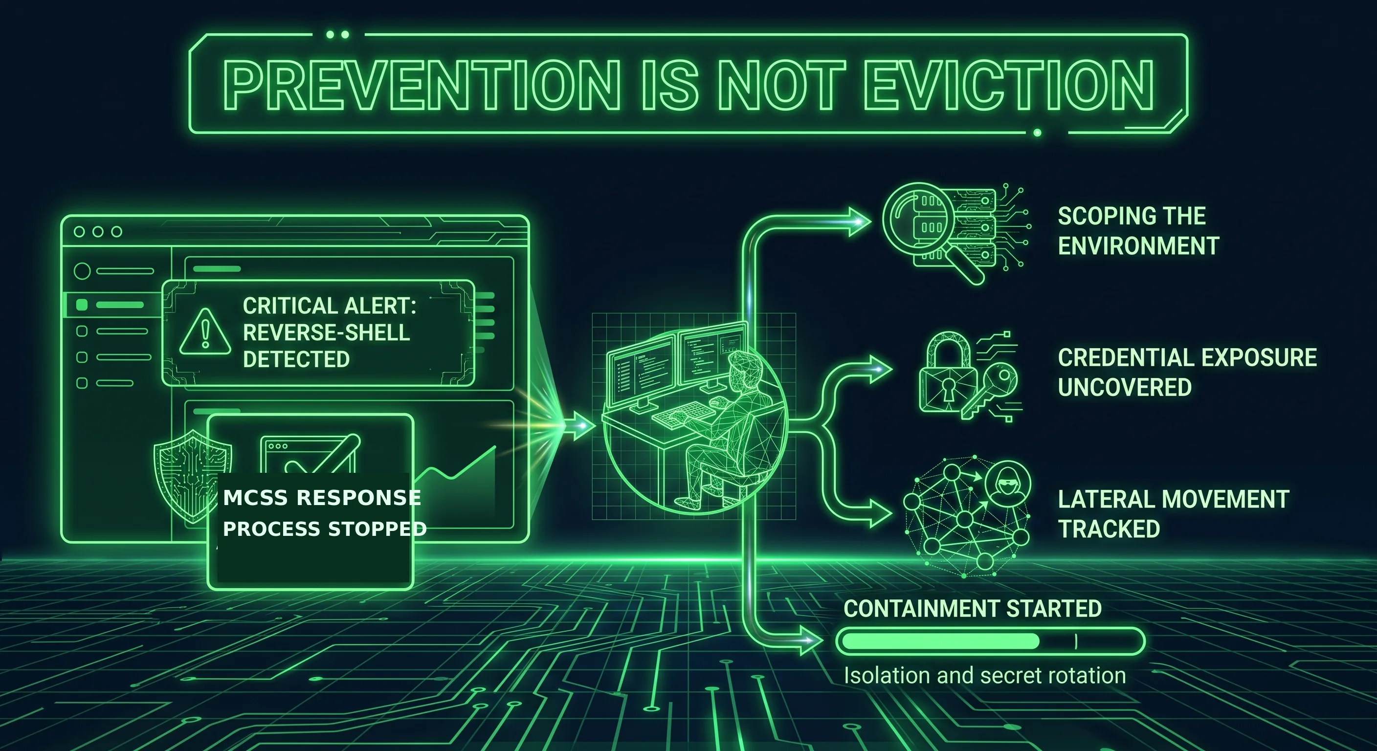Prevention Is Not Eviction illustration showing a reverse-shell alert, QMasters MCSS response, environment scoping, credential investigation and containment