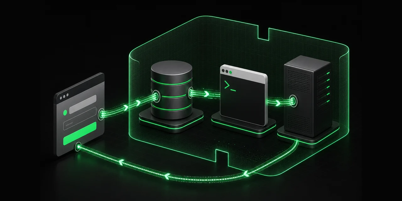Conceptual illustration of a web input reaching a database, command shell and server through an interrupted isolation boundary; generalised, not incident evidence.