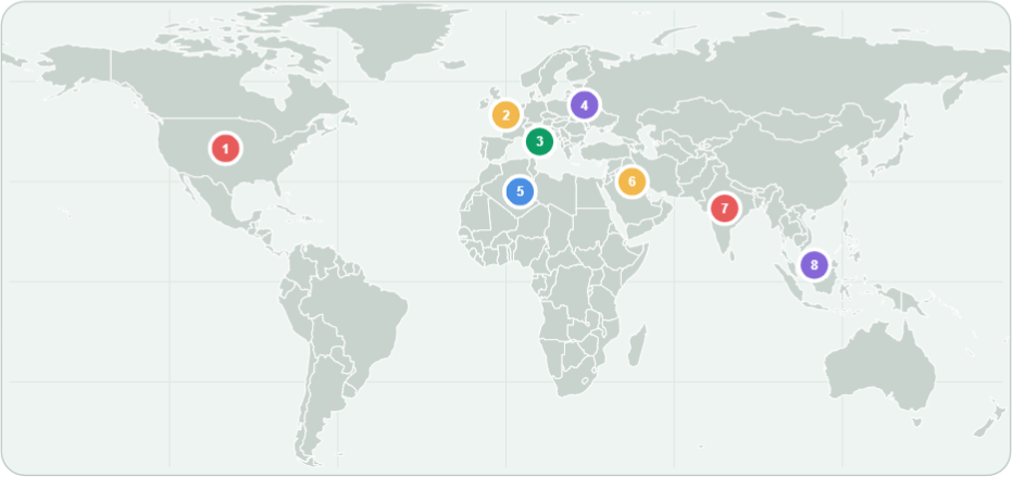 World map showing eight threat-intelligence activity markers across North America, Europe, North Africa, the Middle East, South Asia, and Southeast Asia
